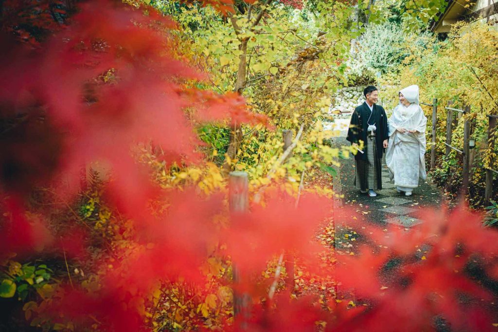 京都紅葉時期の結婚式写真の持ち込みカメラマン撮影